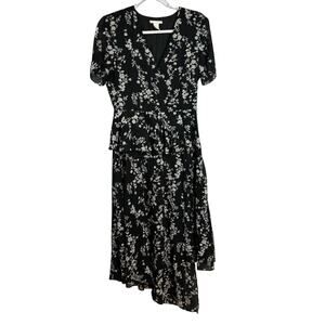 H&M Black W/ White Floral Print V-Neck Short Sleeve Dress Size 8